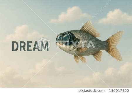 A fish with glasses dreams of flying in the sky. 136017390