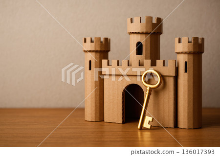Cardboard lock and gold key on wooden surface. Space for text. 136017393