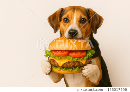 The dog is holding a huge hamburger in its paws. Space for text. 136017396