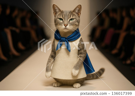 Cat model in white dress with blue scarf on catwalk. 136017399