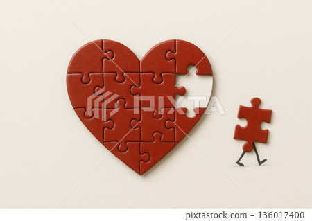 The running piece of the heart-shaped puzzle is a metaphor for loss. Space for text. 136017400