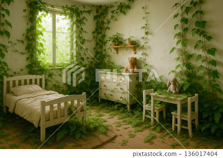 An abandoned children's room overgrown with plants. 136017404