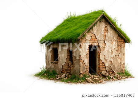 A ruined house with green grass on the roof. Space for text. 136017405