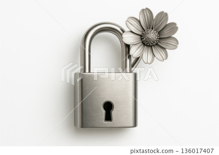 Steel lock with metal flower. Space for text. 136017407