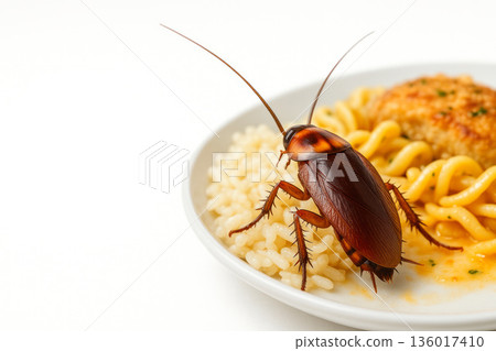 Cockroach sitting on a plate of food and noodles. Space for text. 136017410
