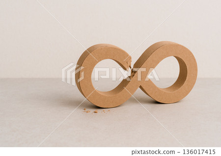 Infinity symbol with damage and crumbs. Space for text. 136017415