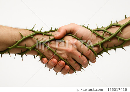 A handshake entangled in thorny vines on a light background. Space for text. A handshake entangled in thorny vines on a light background. Space for text. 136017416