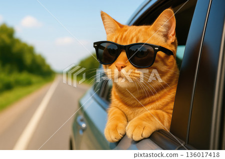 A ginger cat in sunglasses looks out of the car window. 136017418