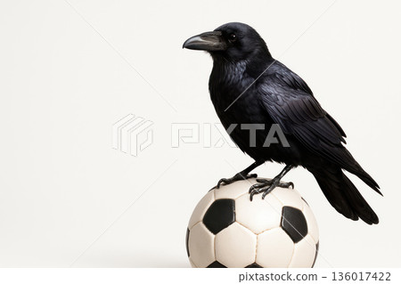 A black raven sits on a soccer ball. Space for text. A black raven sits on a soccer ball. Space for text. 136017422