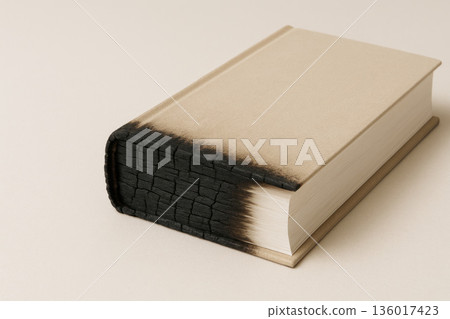 A book with a burnt edge of the cover and pages. Space for text. A book with a burnt edge of the cover and pages. Space for text. 136017423