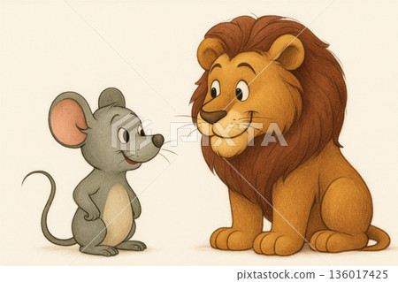 The friendship of a small mouse and a big lion. 136017425
