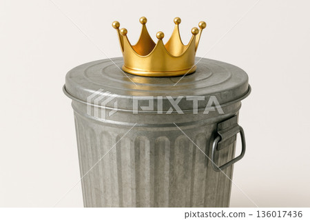 A golden crown on a metal garbage can. 136017436