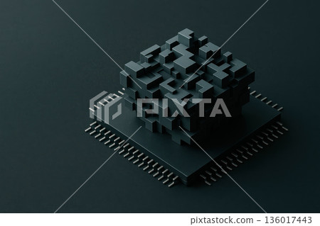 An abstract chip with a black cubic structure. Space for text. 136017443