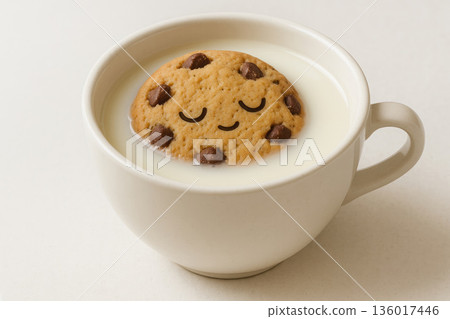 Cookies float calmly in milk. 136017446