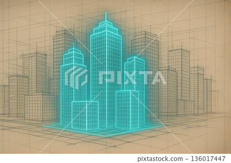 Glowing 3D skyscrapers in drawing perspective. 136017447