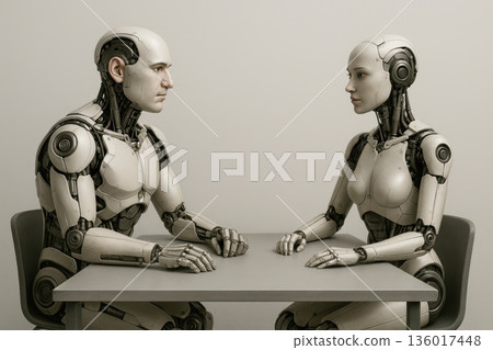 Two robots sit at a table opposite each other. Two robots sit at a table opposite each other. 136017448