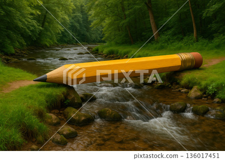 A yellow pencil is like a bridge over a river. 136017451