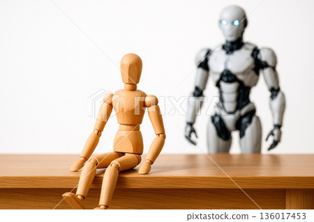 A wooden mannequin sits next to a humanoid robot. 136017453