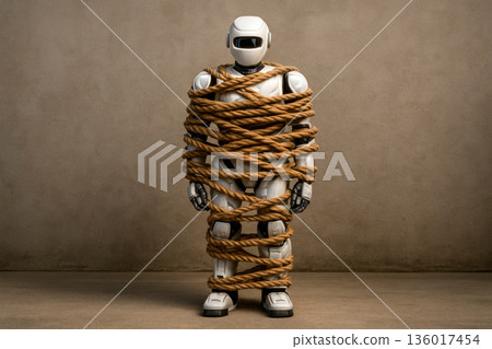 Robot tied with a rope against the background of a wall. Robot tied with a rope against the background of a wall. 136017454