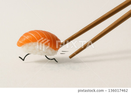 Sushi runs away from the sticks. Space for text. 136017462