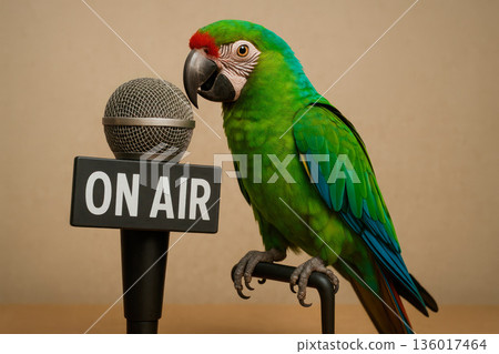 A parrot at a microphone with an ON AIR sign. A parrot at a microphone with an ON AIR sign. 136017464