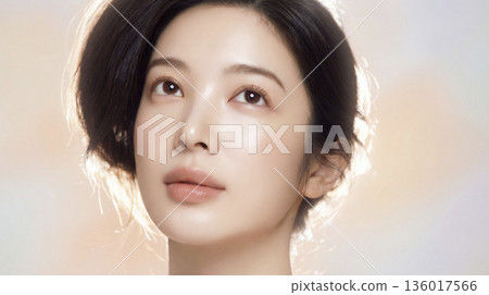 在柔光中,一位日本女子仰望著鏡頭,展現出迷人的美麗。 在柔光中,一位日本女子仰望著鏡頭,展現出迷人的美麗。 136017566