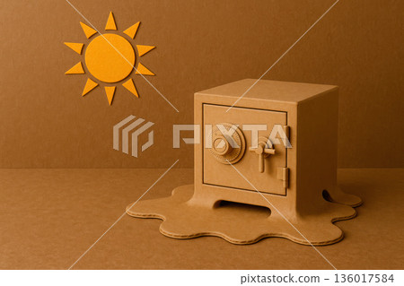A cardboard safe melts under the sun. 136017584