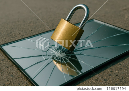 The golden lock breaks through the mirror and leaves cracks. 136017594