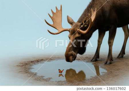 Moose looking at a butterfly by a puddle. Space for text. Moose looking at a butterfly by a puddle. Space for text. 136017602