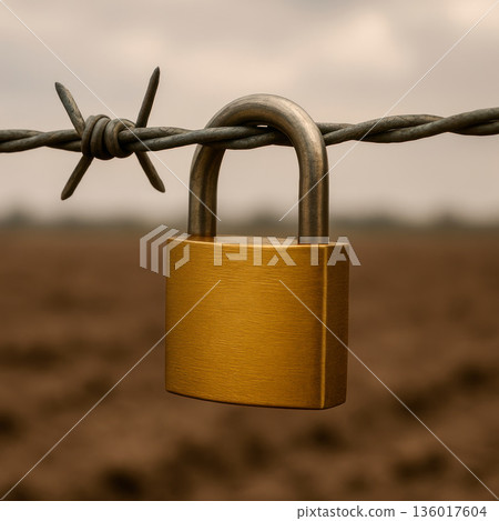 The golden lock hangs on barbed wire. The golden lock hangs on barbed wire. 136017604