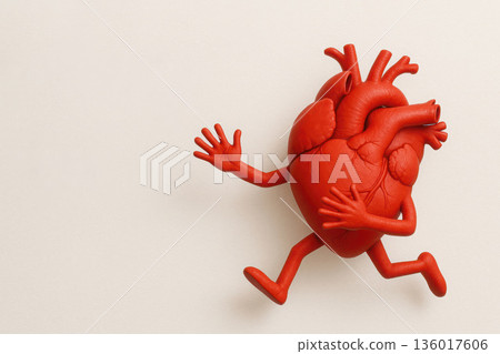 A fleeing heart with arms and legs is a metaphor for escaping from feelings. Space for text. A fleeing heart with arms and legs is a metaphor for escaping from feelings. Space for text. 136017606