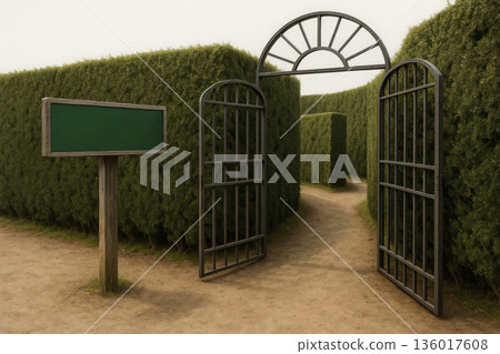 Entrance gate to a living labyrinth of trimmed hedges. Space for text. 136017608