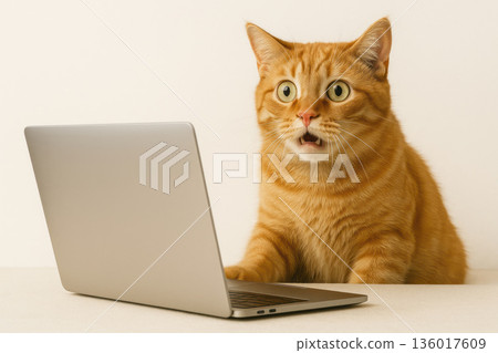 A ginger cat with a surprised expression in front of a laptop. A ginger cat with a surprised expression in front of a laptop. 136017609