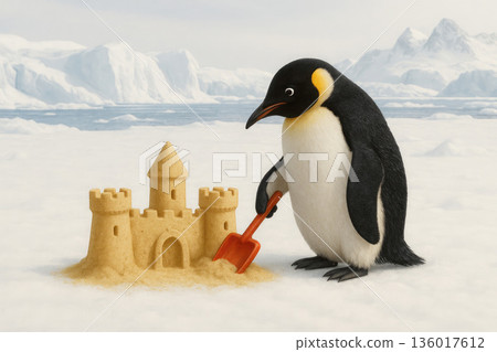 A penguin with a shovel builds a sandcastle in Antarctica. Space for text. 136017612