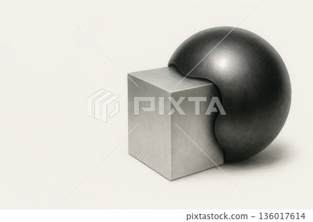 A contrasting composition of a metal sphere and a cube on a light background. Space for text. A contrasting composition of a metal sphere and a cube on a light background. Space for text. 136017614