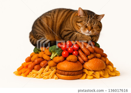 A fat cat sleeping on food. 136017616