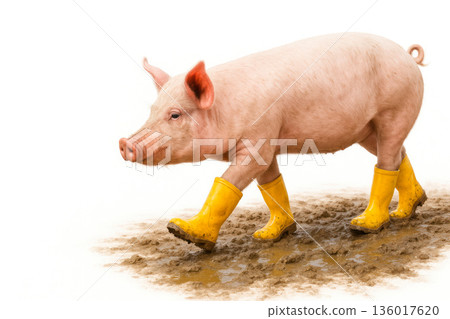 A pig walks through the mud in yellow rubber boots. Space for text. 136017620