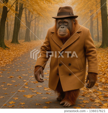 An orangutan in a coat and a hat walks in an autumn park. 136017621