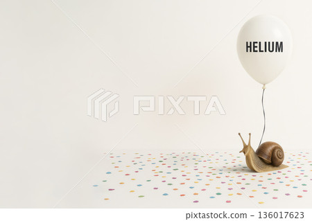 Snail with helium balloon on white background. Space for text. 136017623