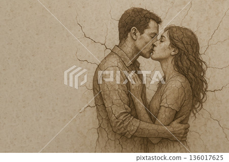 A kiss of love that turns into cracks in time. Space for text. 136017625