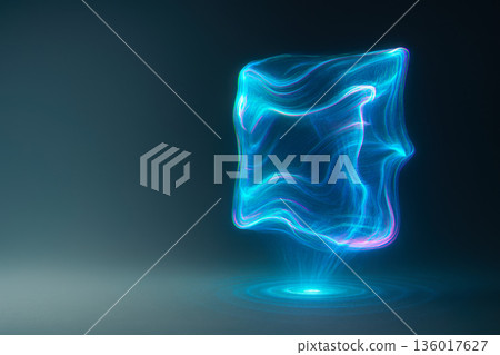 A blue neon cube made of light waves. Space for text. 136017627