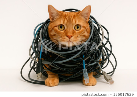 The ginger cat is entangled in cables and wires. The ginger cat is entangled in cables and wires. 136017629