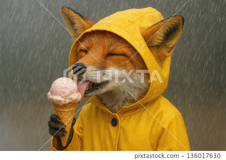 A fox in a yellow raincoat eats ice cream in the rain. A fox in a yellow raincoat eats ice cream in the rain. 136017630
