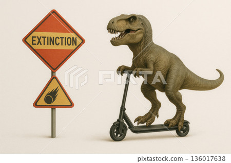 Dinosaur on a scooter in front of the Extinction sign. Space for text. Dinosaur on a scooter in front of the Extinction sign. Space for text. 136017638
