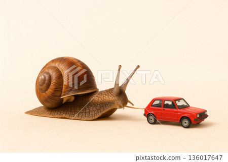 A snail is dragging a small red car. 136017647