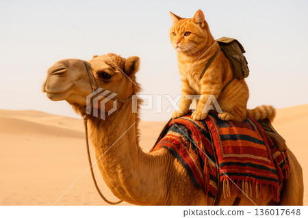 A ginger cat with a backpack rides a camel in the desert. 136017648