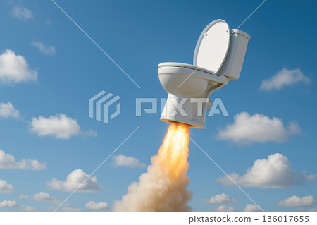 The toilet takes off like a rocket into the sky. Space for text. 136017655