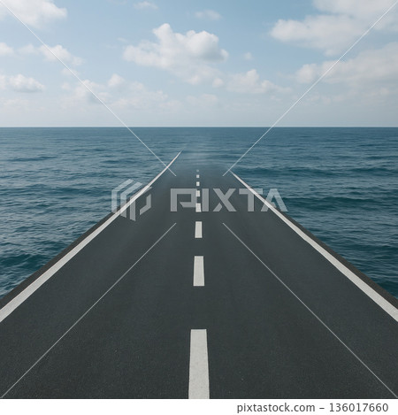 The asphalt road goes into the endless ocean under the blue sky. Space for text. The asphalt road goes into the endless ocean under the blue sky. Space for text. 136017660