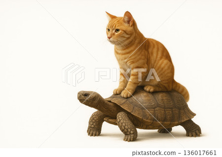 A ginger cat sits on the shell of a turtle. Space for text. A ginger cat sits on the shell of a turtle. Space for text. 136017661