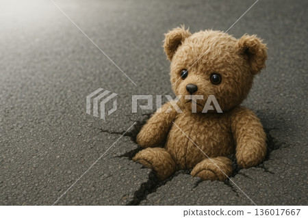 A teddy bear stuck in a hole in the road. Space for text. 136017667